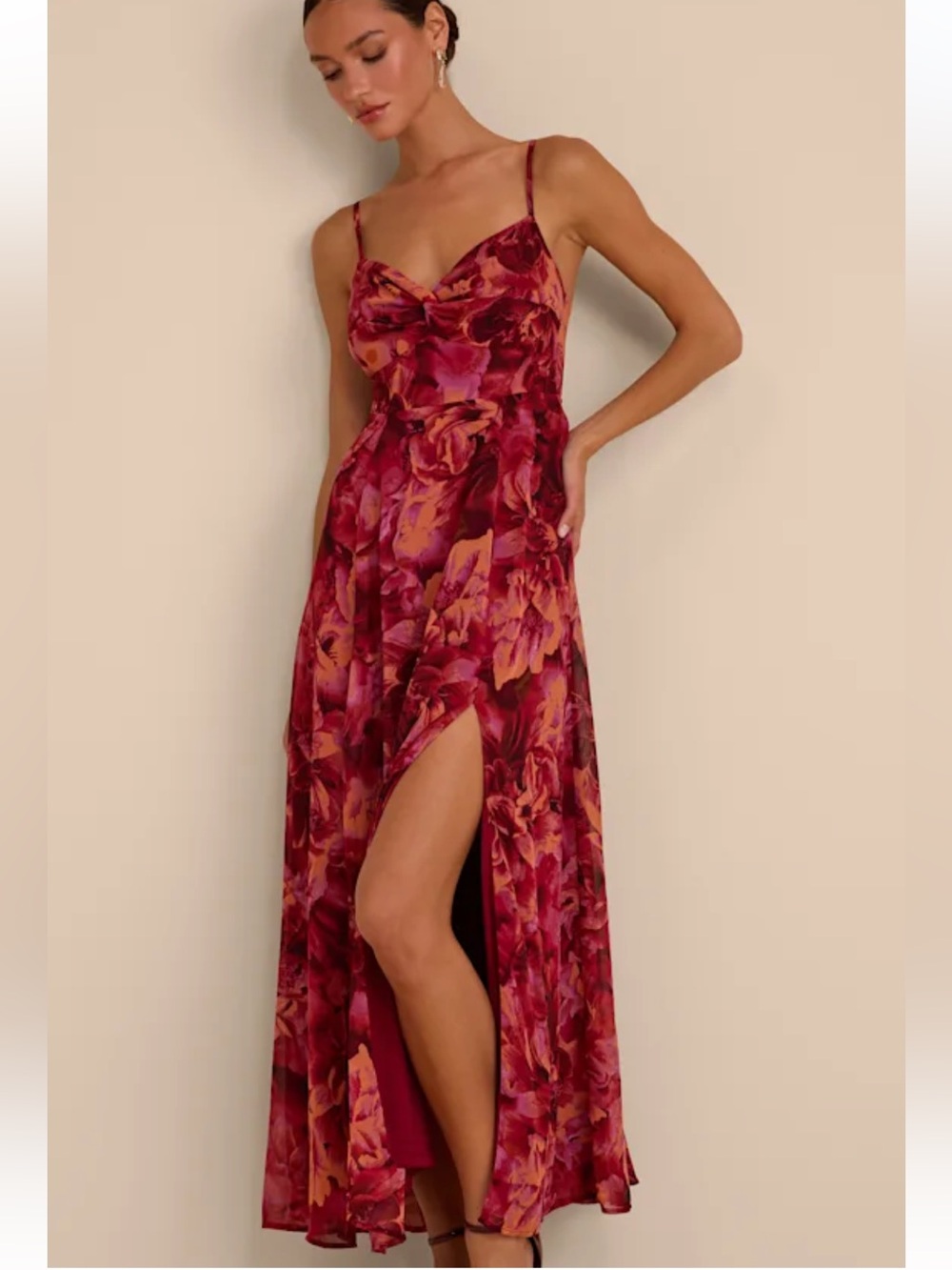 Lulus New Beautiful Soul Burgundy Floral Print Twist-Front Maxi Dress Women’s XS